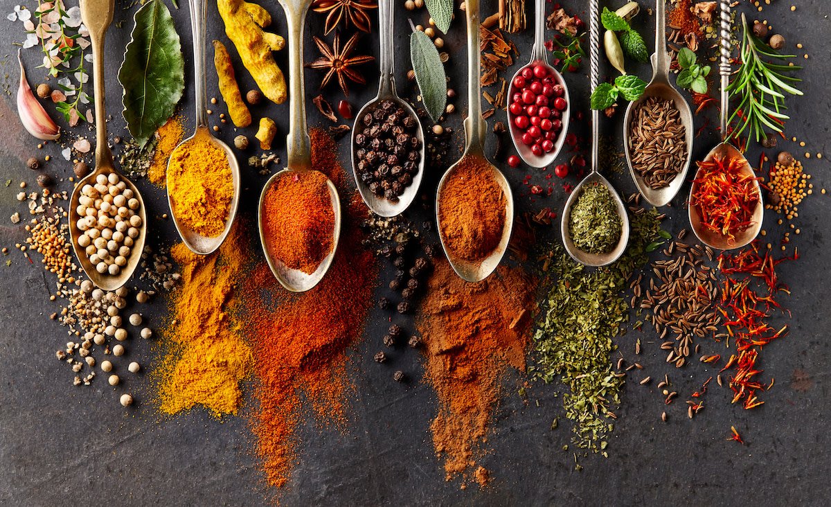 Ground and whole spices – turmeric, chilli, cumin, pepper